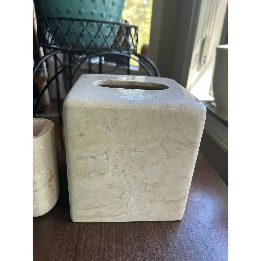 Bed Bath & beyond MARBLE BATHROOM TISSUE BOX COVER & TB Holder - CHAMPAGNE
